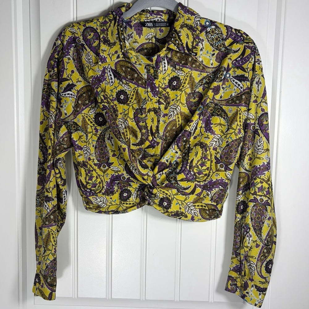Zara Trafaluc Paisley‎ Tie Front Cropped Button Blouse Yellow Purple Women's XS